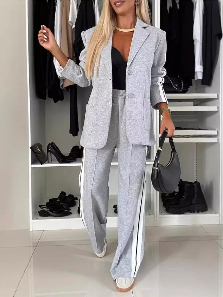 2025 Autumn And Winter New Long Sleeves Suit Women's Suit Fashion Pimp Stitching Pants Pocket Female Office Blazer 2 Piece Set - Seprincess