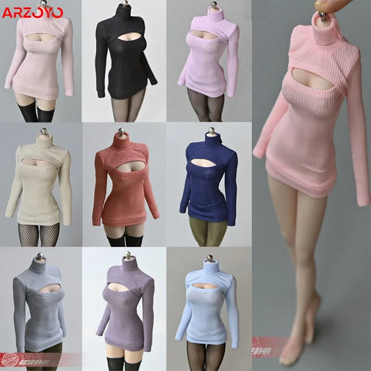 1/6 Female Soldier Sweater Slim Elastic High Neck Knit Pullover Sexy Open Chest Tops Mini Sweater Dress for 12" Action Figure - Seprincess