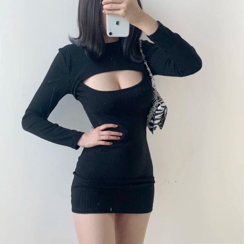 WOMENGAGA New Sexy Fashion Hollow Chest Show Thin Temperament Slim Hip Elastic Full Sleeve Sexy Mini Dress Women 36AK - Seprincess