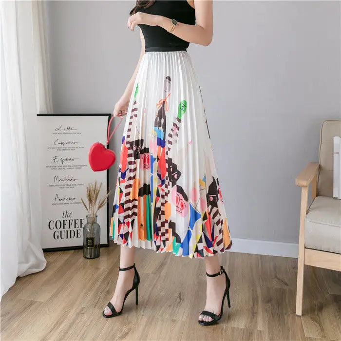 Pleated Skirt Women Summer 2022 New  Print Cartoon Pattern  Elastic Women Skirt Big Swing Party Holiday High Waist Skirts