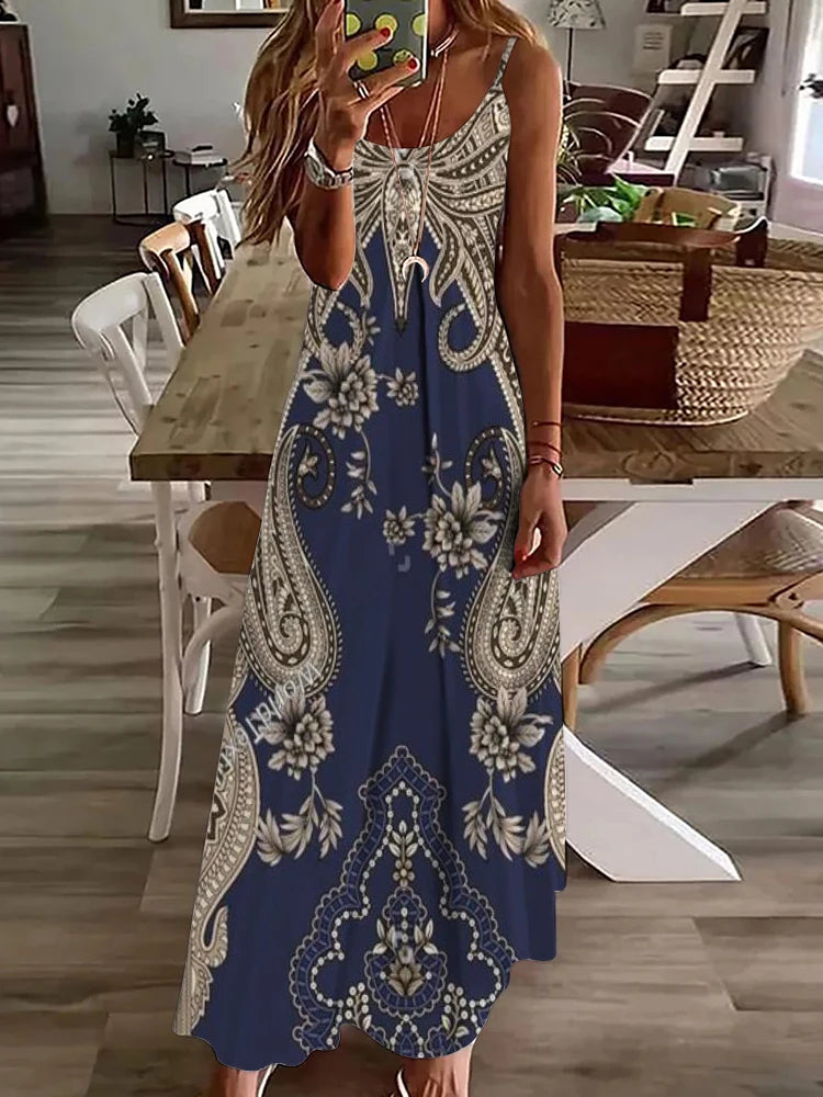 2024 New Spring And Summer Fashion Elegant Women's Long Dress Street Daily Strap Dress Paisley Printied Women's Casual Dress - Seprincess