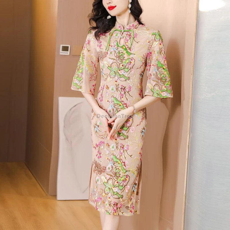 2024 new chinese improved elegant cheongsam woman summer national style gauze retro slimming embroidered half sleeve qipao dress - Seprincess