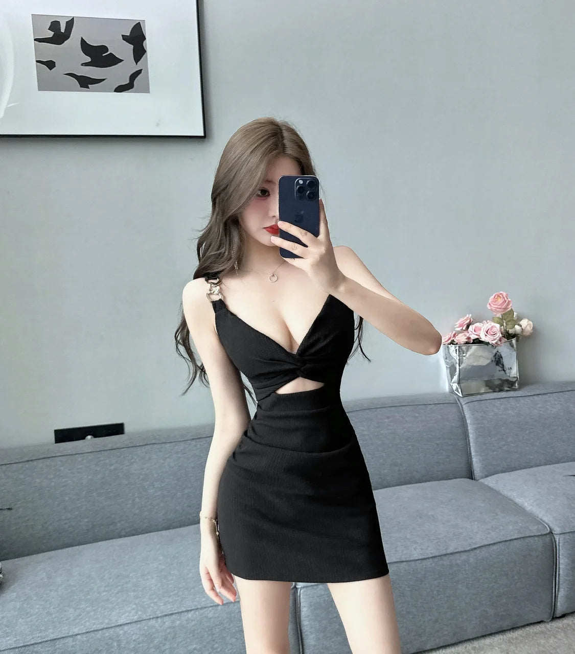 Kimotimo Women Sexy V Neck Hollow High Waist Clubbing Dress Temperament Sleeveless Backless Slim Fit Party Mini Dresses Summer - Seprincess