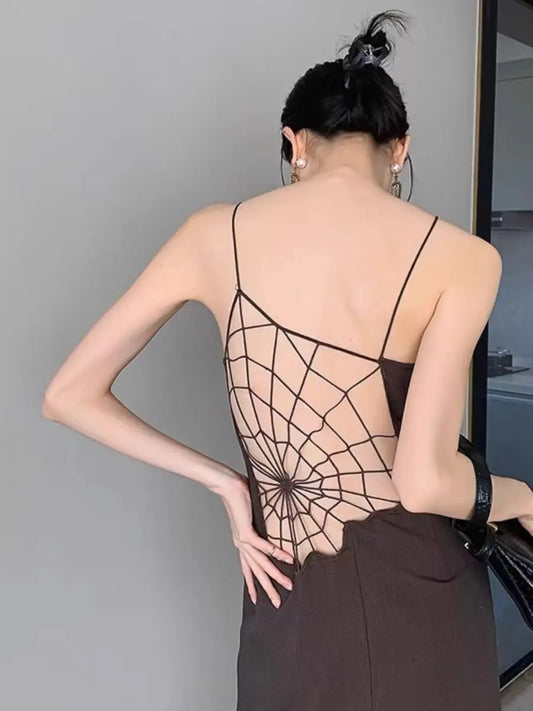 European And American One Neck Backless Spider Web Hollowed Out Suspender Slim Fit Slit Dress For Summer Women - Seprincess