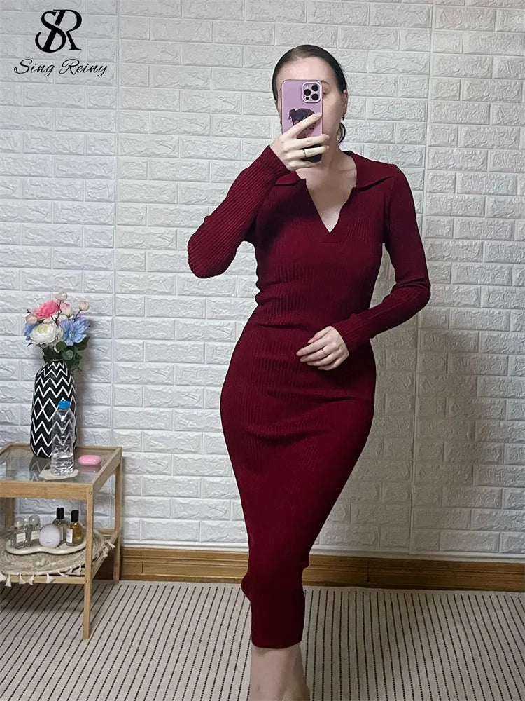 SINGREINY French Vintage Sweater Dress 2024 Ladies Lapel Long Sleeves Autumn Fashion Solid Basics Bodycon Knitted Long Dress - Seprincess