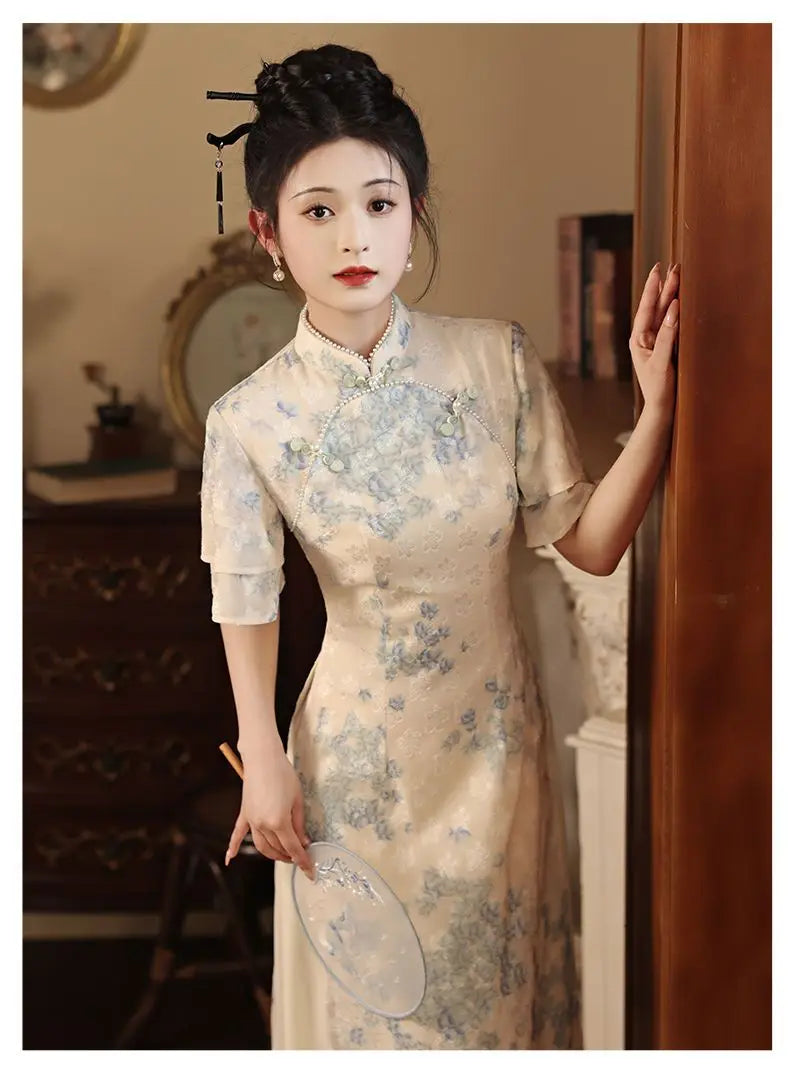 Improved Qipao 2024 New Summer Modern Chinese Style Blue Jacquard Short Sleeve Cheongsam For Women Youth Girls Long Party Dress - Seprincess