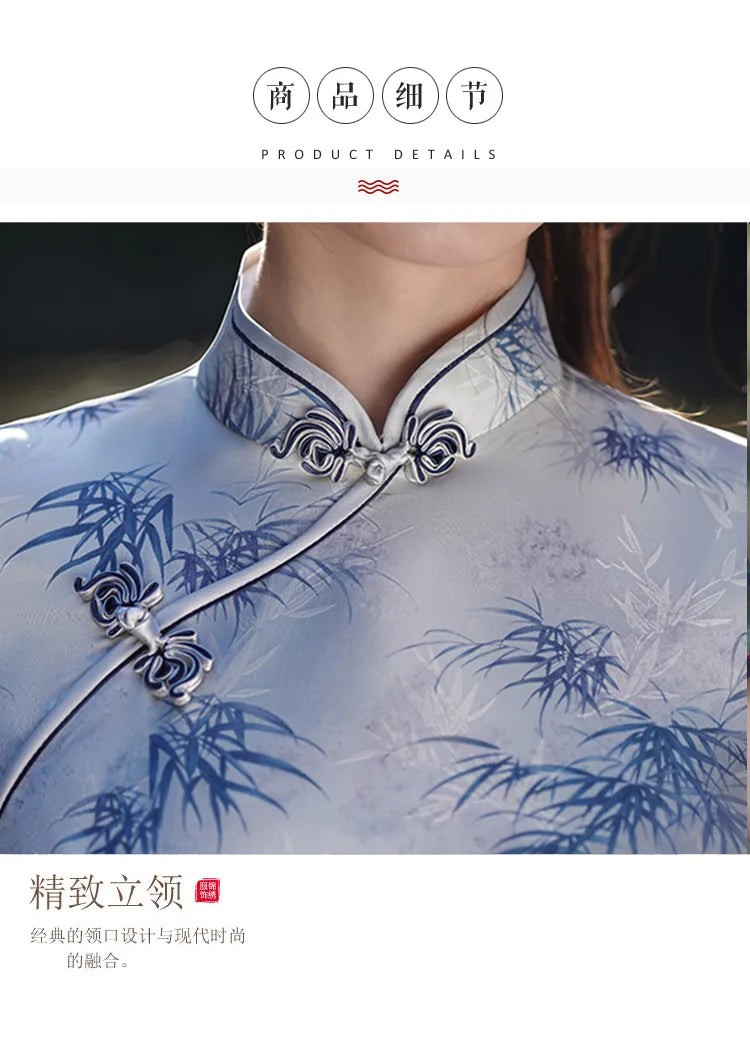 Summer Handmade Printed Satin Long Qipao Traditional Chinese Mandarin Collar Short Sleeve Cheongsam - Seprincess