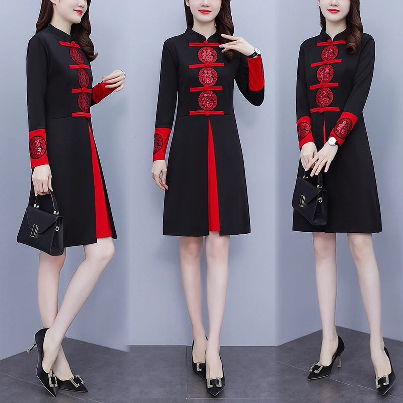 Women's Autumn New Red Festive Dress Slim Retro Improved Cheongsam Chinese Traditional Qipao Dress Plus Size M-5XL - Seprincess