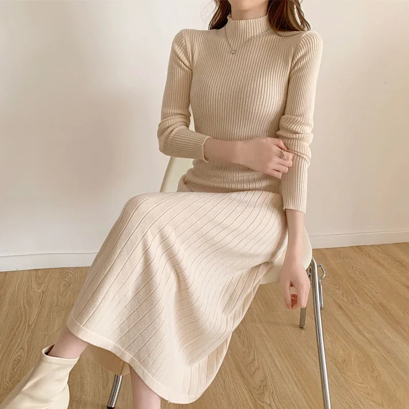 Autumn Winter 2024 Slim Long Sleeve Party Midi Dress for Women Knitted Half High Collar Elegant Knitted Sweater Dresses Ladies - Seprincess