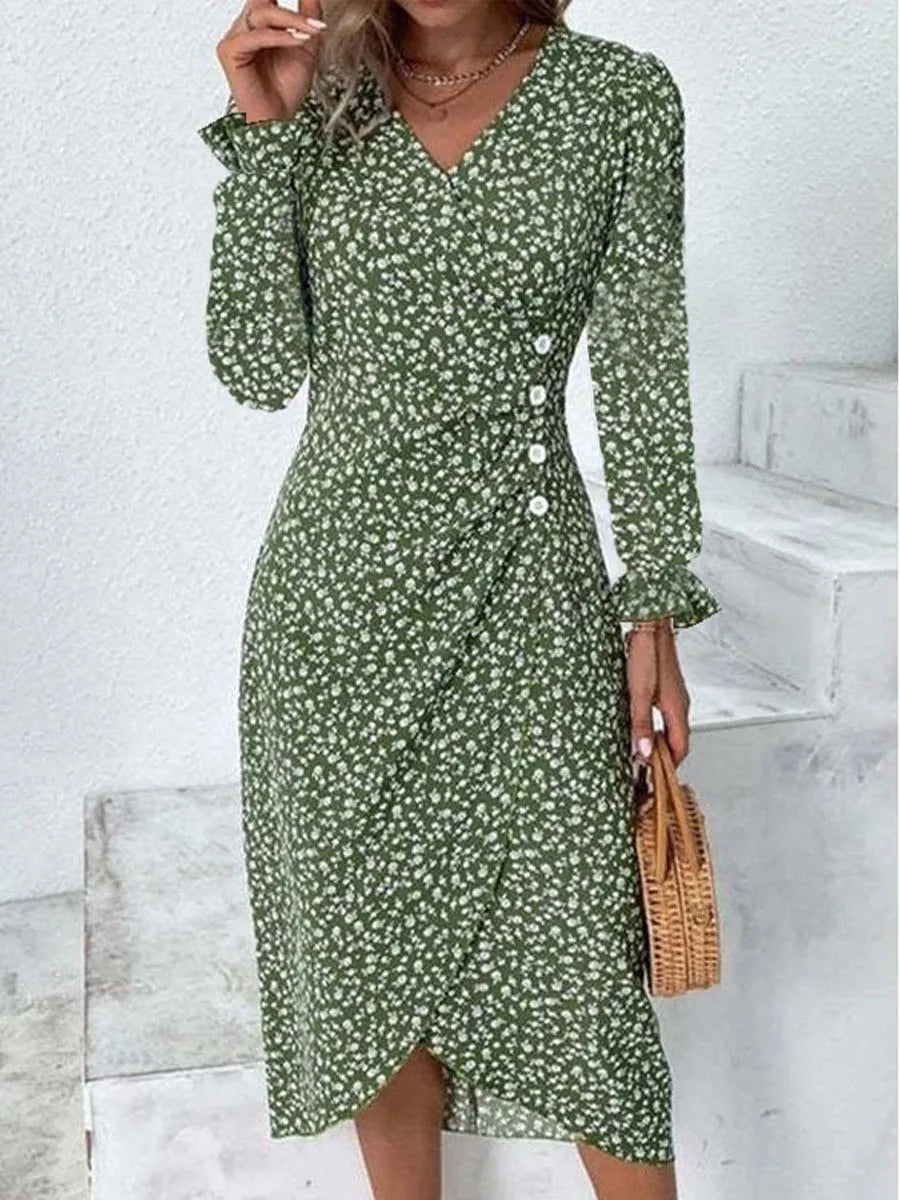 Spring Floral Bodycon Midi Dress For Women V Neck Long Sleeve Ruched Slim Fit Dresses Female Sexy Vestido Robe - Seprincess