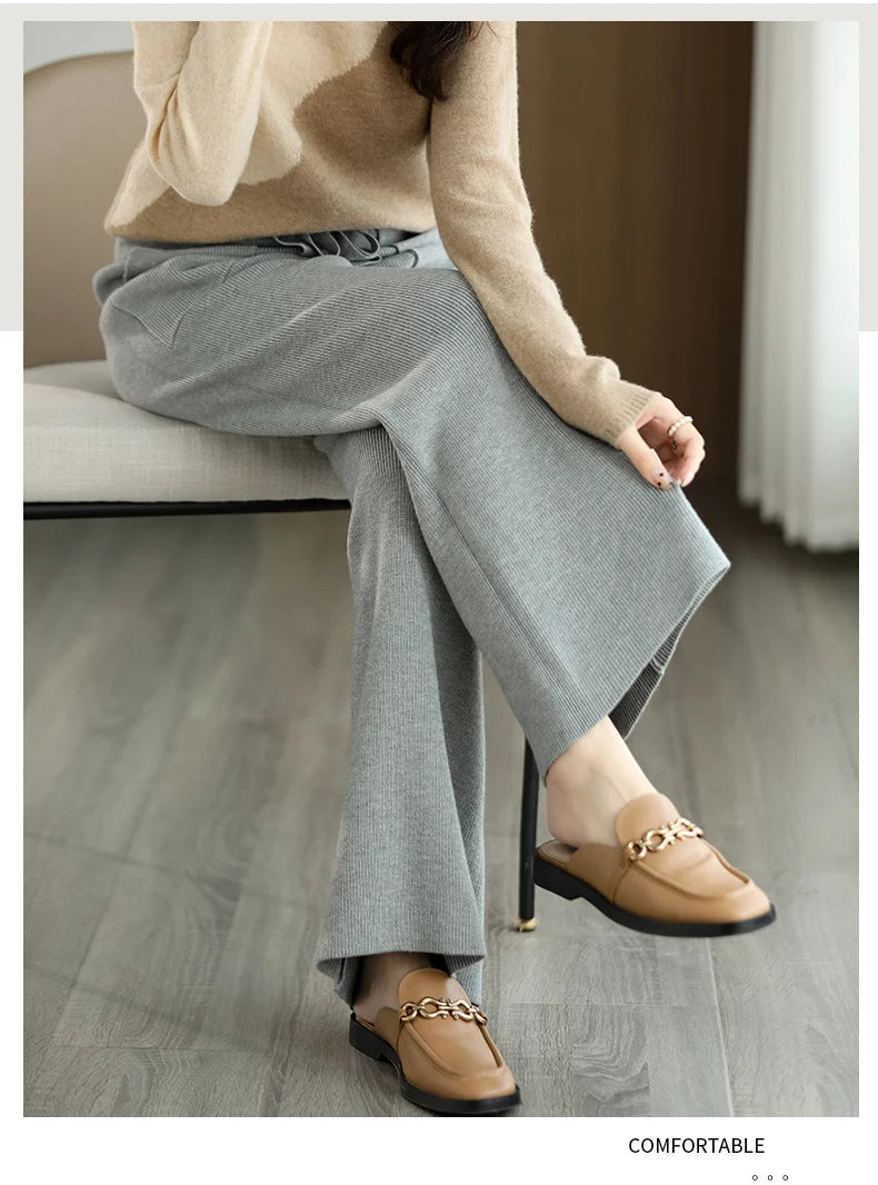 Women's Merino Wool Knitted Pants Office Lady Simple High Waist Straights Trousers Cashmere Wool Autumn Winter Thick Knitwear