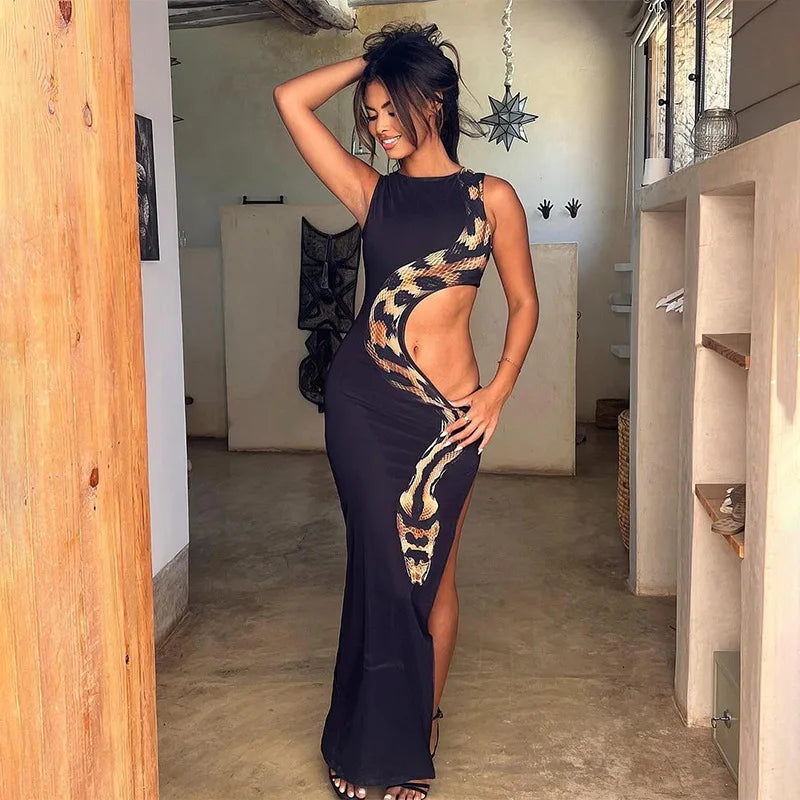 European and American 2024 summer new round neck sleeveless snake print navel-exposed hollow slit long dress - Seprincess