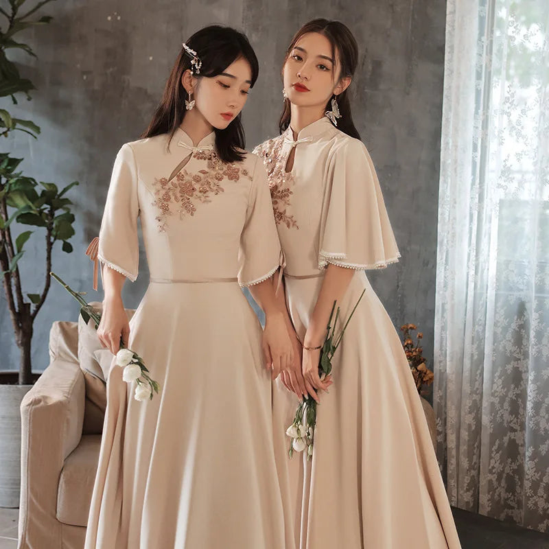 Slim A-line Mandarin Collar Qipao Female Chinese Styles Bridesmaid Dress Appliques Flower Pearl Cheongsam Party Prom Gown - Seprincess