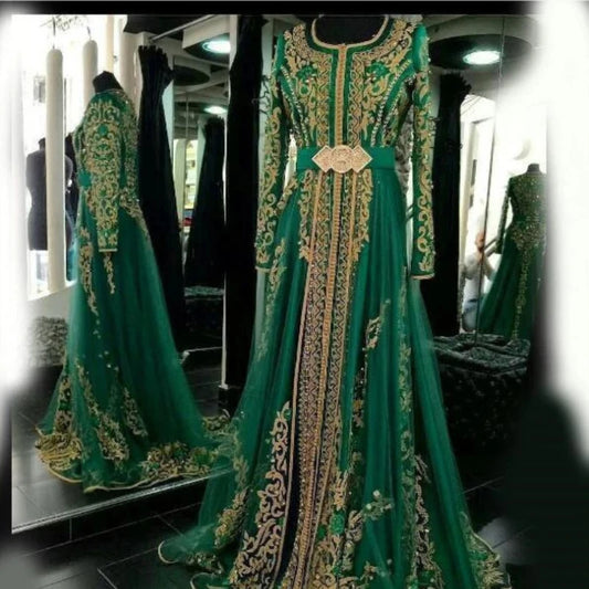 2024 Emerald Green Muslim Formal Evening Dresses Long Sleeves Abaya Designs Dubai Turkish Prom Dress Party Gowns Moroccan Kaftan - Seprincess