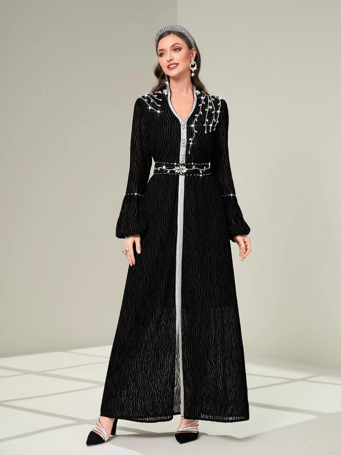 Handstitched Rhinestone Beaded Arabic Robe Vintage Ethnic Moroccan Kaftan Dubai Abaya Dress Ramadan Eid-al-Adha 2024 Party Wears - Seprincess