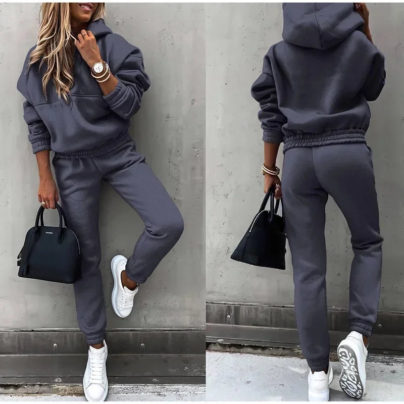 Hoodies Suit Autumn Winter Solid Casual Tracksuit Women Fleece 2 Pieces Set Sports Sweatshirts Pullover Home Sweatpants Outfits - Seprincess