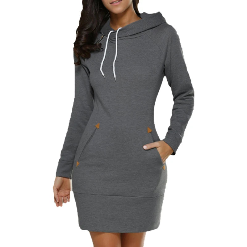 Fashion Sweatshirt Dresses for Women Pocket Hooded Casual Dress Solid Color Long Sleeve Mini Dress - Seprincess