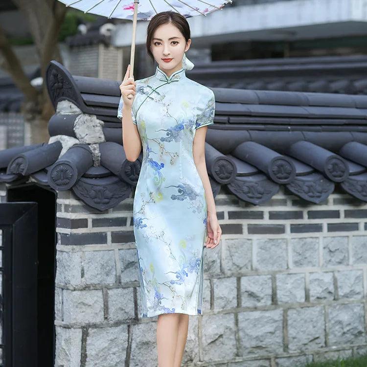 Elegant Print Female Qipao Traditional Classic Chinese Dress Asian Clothing Sexy Slim Short Cheongsam Mandarin Collar Vestidos - Seprincess