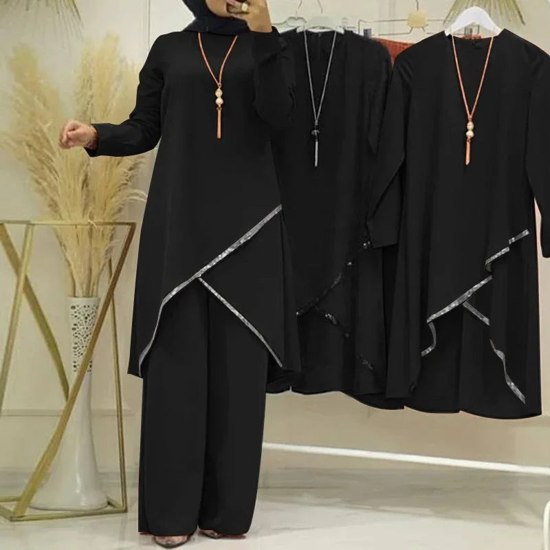 Women Eid Musulman Ensemble Muslim Sets Solid Blouses Wide Leg Pants Ramadan Morocco Two Pieces Dubai Kaftan Loose Modest - Seprincess