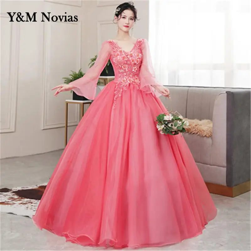 Y&M Novias New V Neck Long Sleeve Quinceanera 15 Years Vestidos De 15 Anos Mint Wine Red Turquoise Quinceanera Gowns Party Dress - Seprincess