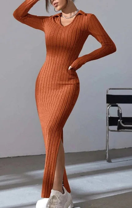 2024 Europe And The United States Autumn And Winter New Knitted Slim-Fit Lapel Long Sleeve Pit Strip Solid Color Tight Dress - Seprincess