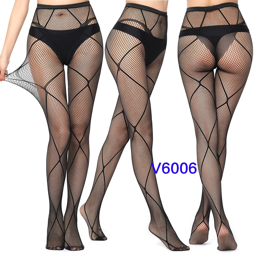 Women Sexy Fishnet Tights Jacquard Weave Seamless Pantyhose Yarns Garter Grid Fish Net Stockings Black Spider Gothic Lace Tights