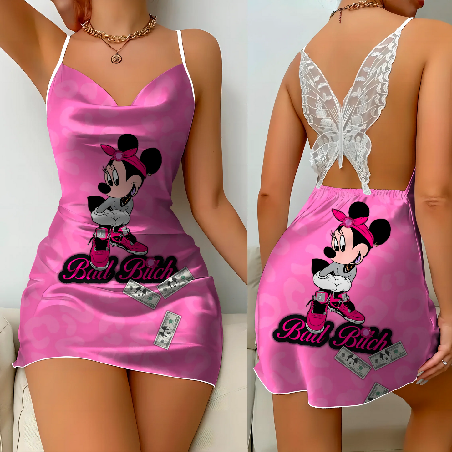 Mini Dress Pajama Skirt Bow Knot Party Dresses Satin Surface Minnie Mouse Disney Mickey Womens Fashion Summer 2024 Elegant Women - Seprincess