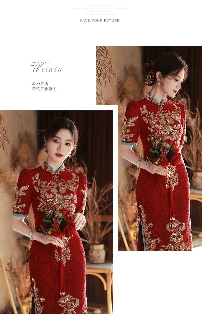 Toast Bride Wedding Dress Luxury Sequin Qipao Long Chinese Women Traditional Vintage Cheongsam Dresses Evening Gown China - Seprincess