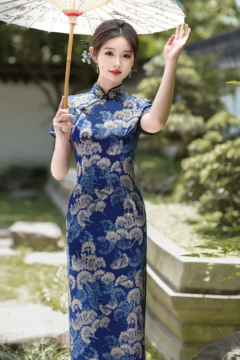 2024 Summer Autumn New Cheongsams Blue Flower Print Qipao Oriental Vintage Classical Vestidos Women's Satin Qipao Chinese Dress - Seprincess