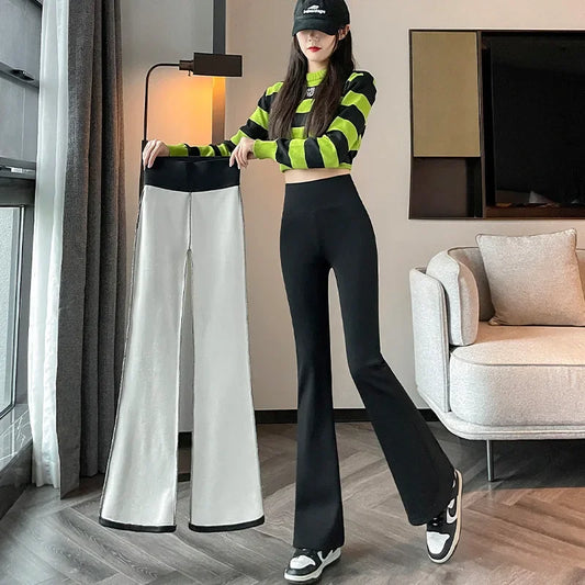 Female Black Leggings Thermal Tights Woman Flare Trousers High Waist Fleece Leggings Yogawear Casual Elastic Bell-bottom Pants