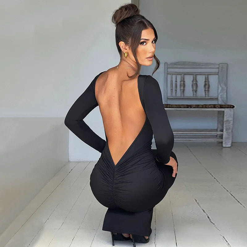 Dulzura Long Sleeve Backless Ruched Maxi Dress Women Bodycon Sexy Party Birthday Evening Outfits 2024 Spring Summer Clothes - Seprincess