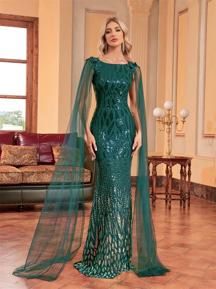 XUIBOL Luxury Arabia Long Sleeve Green Sequins Evening Dress Women 2024 Female Guests Wedding Party Floor-Length Cocktail Prom - Seprincess