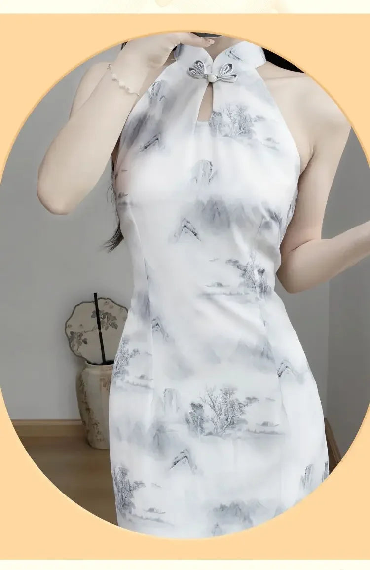 Modern Chinese Style Qipao 2024 New Improved Summer Youth New Hanging Neck Cheongsam Girl Elegant Long Dress With Shawl Women - Seprincess