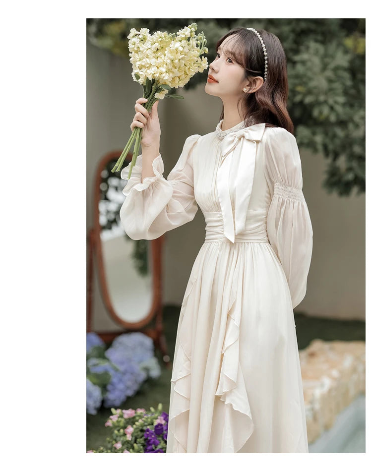 Autumn Chiffon Midi Dresses for Women O-neck Bow Flare Sleeve High Waist Ruffles A-line Princess Party Dress Vestidos Mujer New - Seprincess