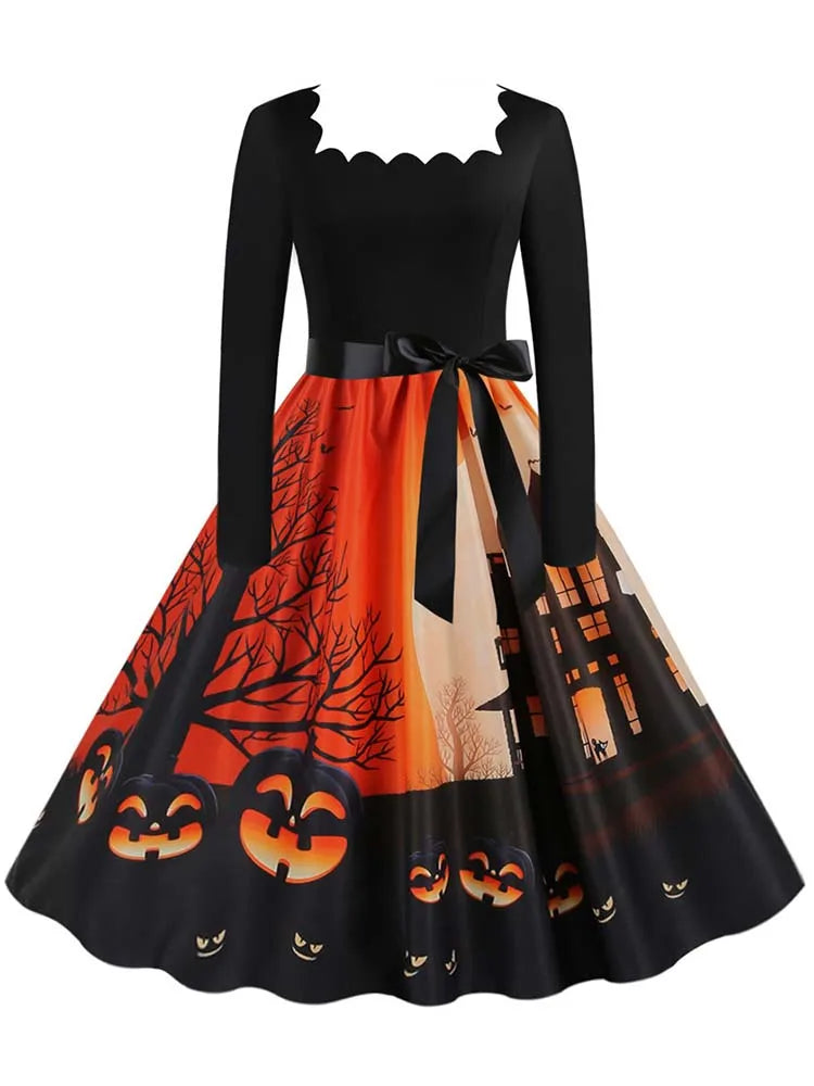 Halloween Dress For Women Square Collar Long Sleeve Print Vintage Evening Party Elegant 50s 60s Robe Midi Sundress - Seprincess