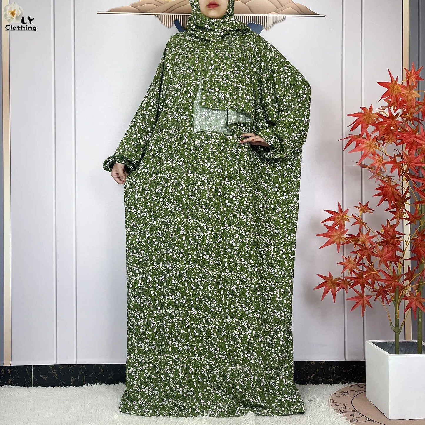 2024Latest Muslim Abayas For Women Ramadan Prayer Maxi Dubai Turkey Femme Cotton Robe Floral Loose African Dress Turban Attached