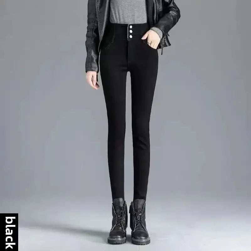 High-waisted Fleece-lined Jeans Women's Winter New Slimming Black Slim Fit Trendy Pencil Leggings