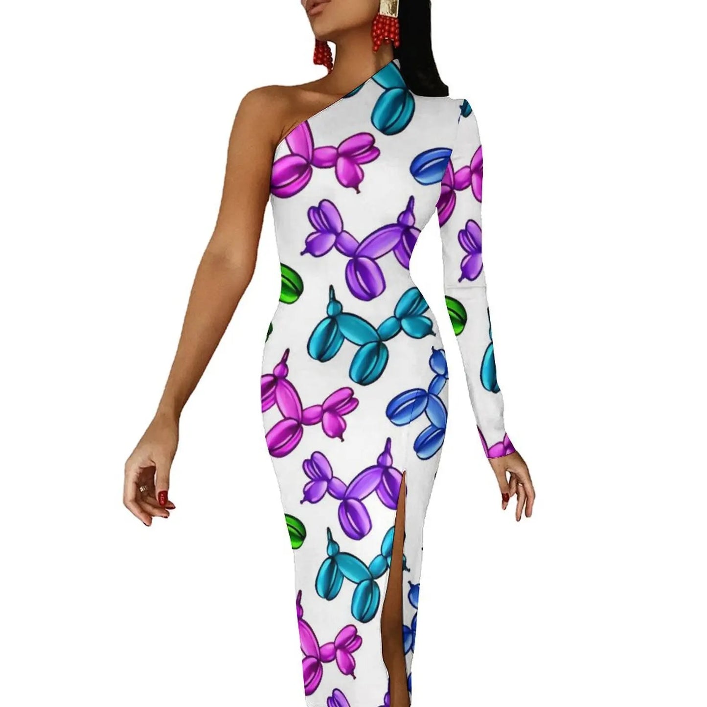 Watercolor Balloon Dogs Maxi Dress Long Sleeve  Sexy Bodycon Dress Spring Aesthetic Long Dresses Female Design Clothing - Seprincess