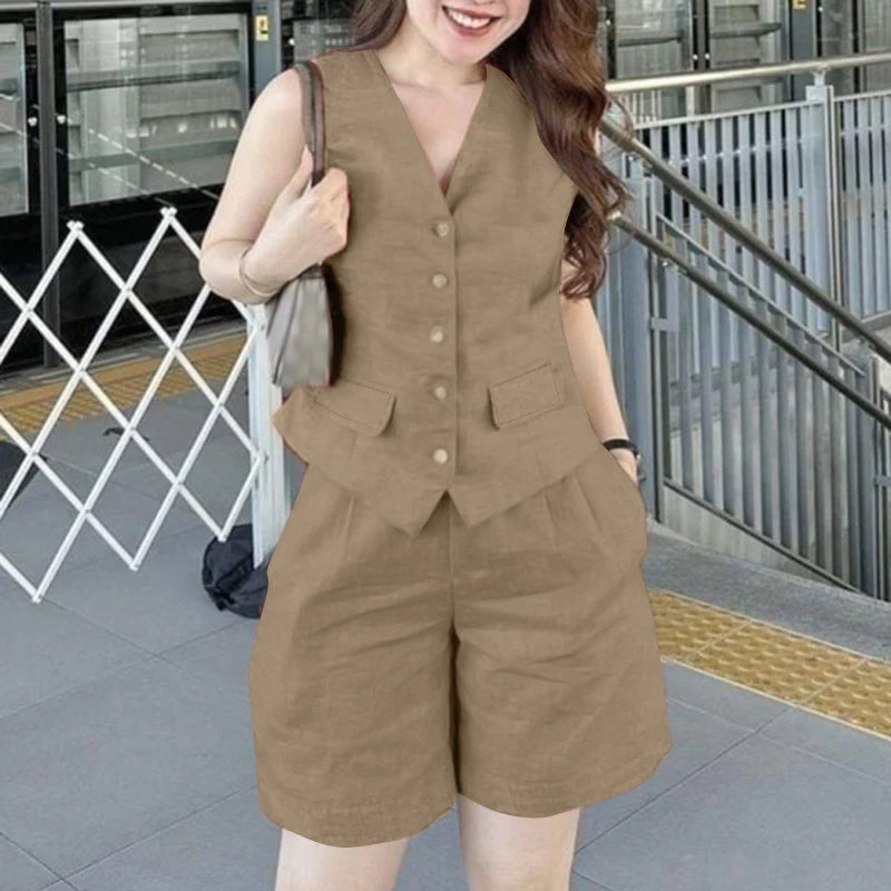 ZANZEA Women Casual 2pcs Outfits Commute Korean Style 2024 Summer Sleeveless Vests Short Sets Elastic Waist Shorts Office Suits - Seprincess