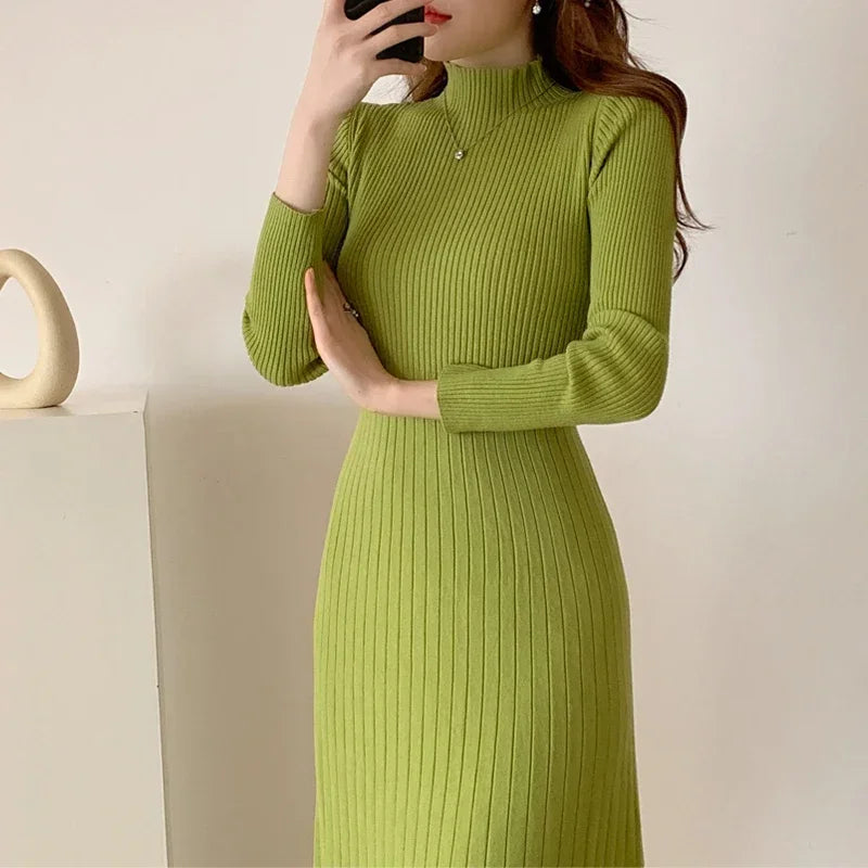 2024 Winter New Slim Long Sleeve Party Dress Womens Knitted Half High Neck Elegant Knitted Sweater Dress Women - Seprincess