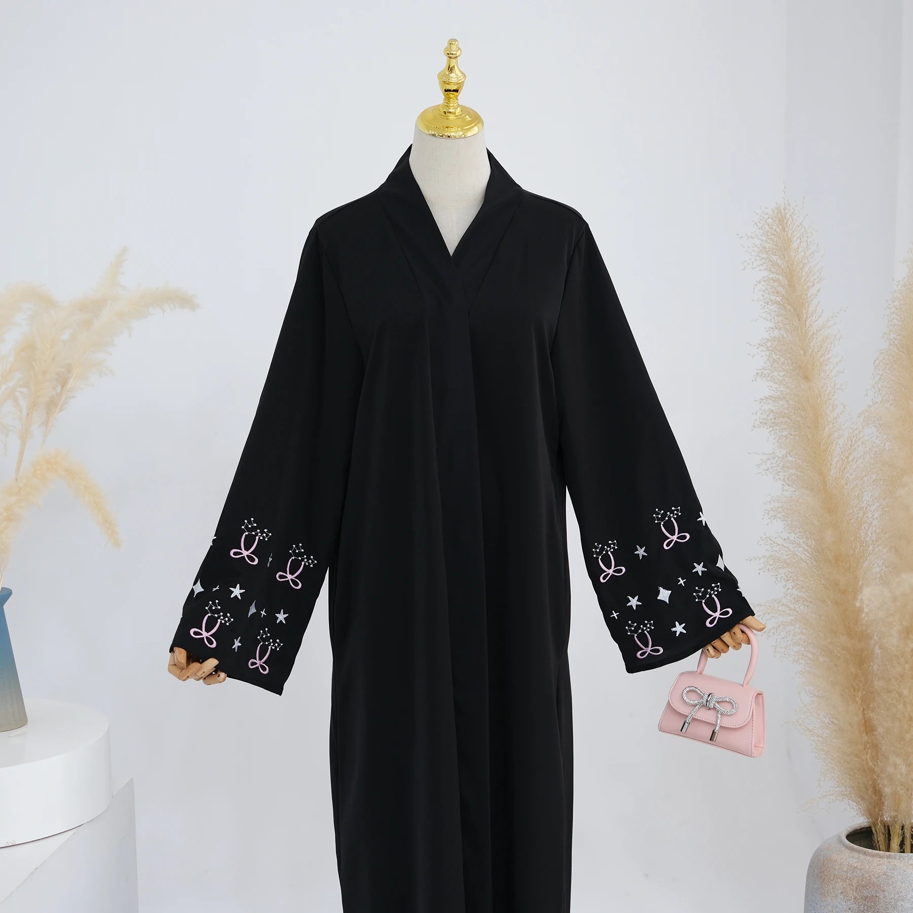 Bowknot Embroidered Satin Dubai Abaya for Women, Muslim Kimono, Open Front, Islamic Clothing, Hijabi Party Outwear, Ramadan Eid - Seprincess