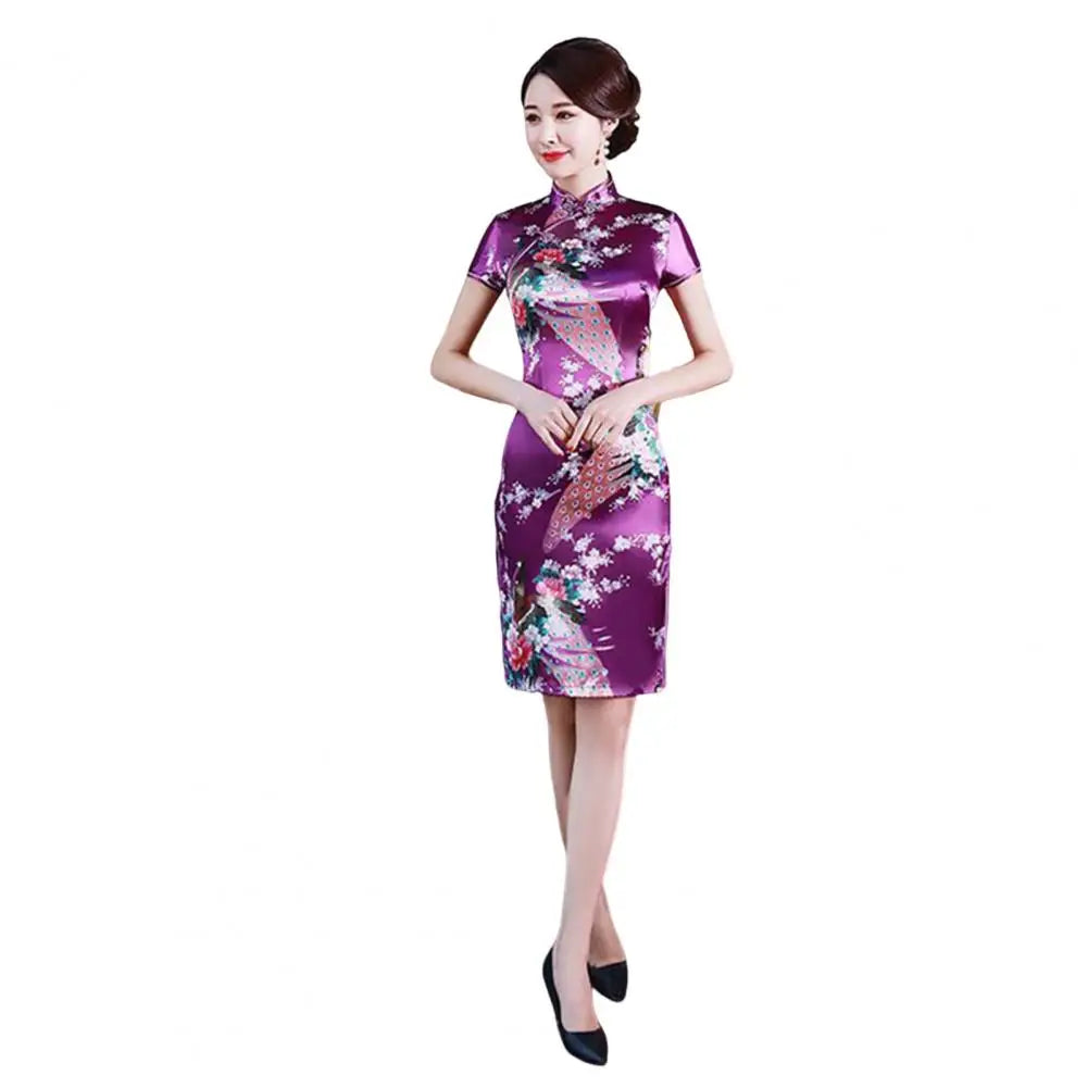 Women Cheongsam Mandarin Collar Short Sleeve Disc Buckles Side Split Lady Cheongsam Flower Print Chinese Style Qipao - Seprincess