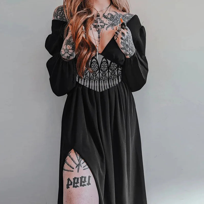 Fashion Hipster Slim Print Waist Big V-neck Dress Woman Halloween Party Black Dress Mysterious Witch Renaissance Daily Cosplay - Seprincess