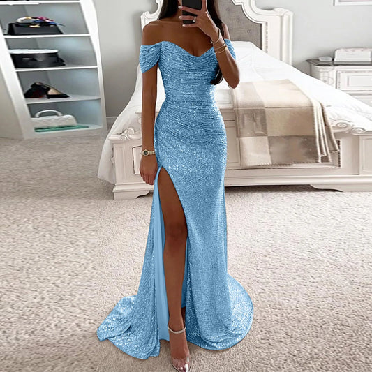 Blue Formal Maxi Dress Women Sexy Elgance Off Shoulder Strapless High Slit Bodycon Evening Party Mermaid Hip Wrap Slim Vestidos - Seprincess