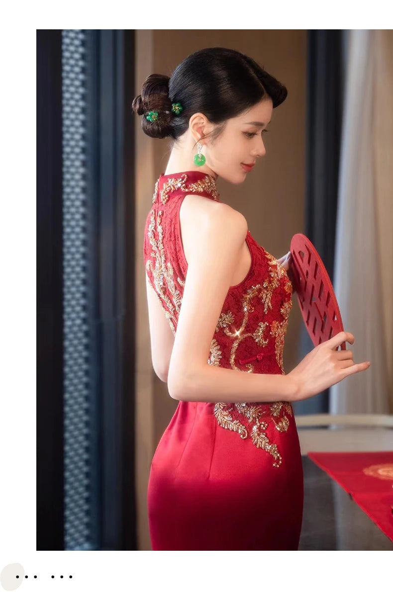 Autumn Traditional Chinese Clothing Qipao Red Sleeveless Stand Collar Embroidery Cheongsam Wedding Dress Elegant Evening Dress - Seprincess