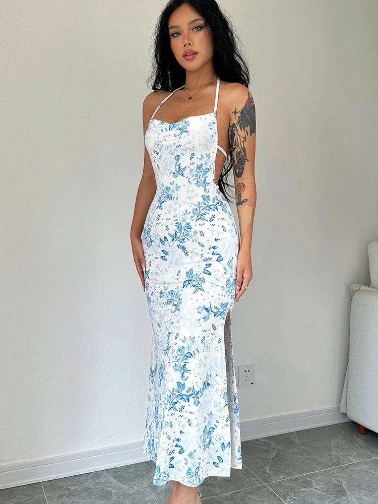 Dulzura Lace Up Halter Floral Long Dress For Women Backless Bodycon Midi Dress Sexy Party Club Outfit Streetwear Sundress Summer - Seprincess