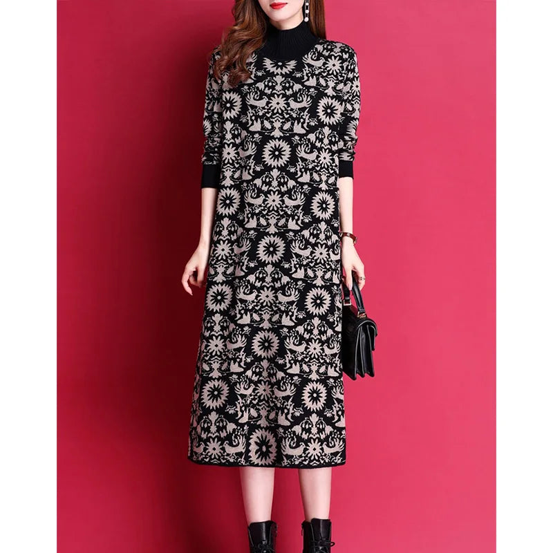 Autumn Winter Fashion Casual Jacquard Loose Vintage Dress Women's Clothing O-neck Elegant Elastic Thick Warm Knitted Dress - Seprincess