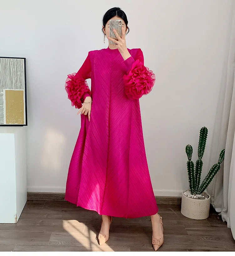 ANLAN Miyake Pleated Maxi Long Dress Mesh Petal Sleeve Half Turtleneck Formal Dresses for Women 2024 New Hot Sales 6KK9927