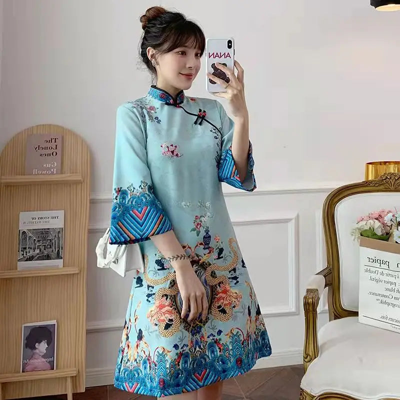 Red Blue Loose 2024 New Fashion Modern Chinese Cheongsam A-line Dress Women 3/4 Sleeve Qipao Traditional Chinese Clothes - Seprincess