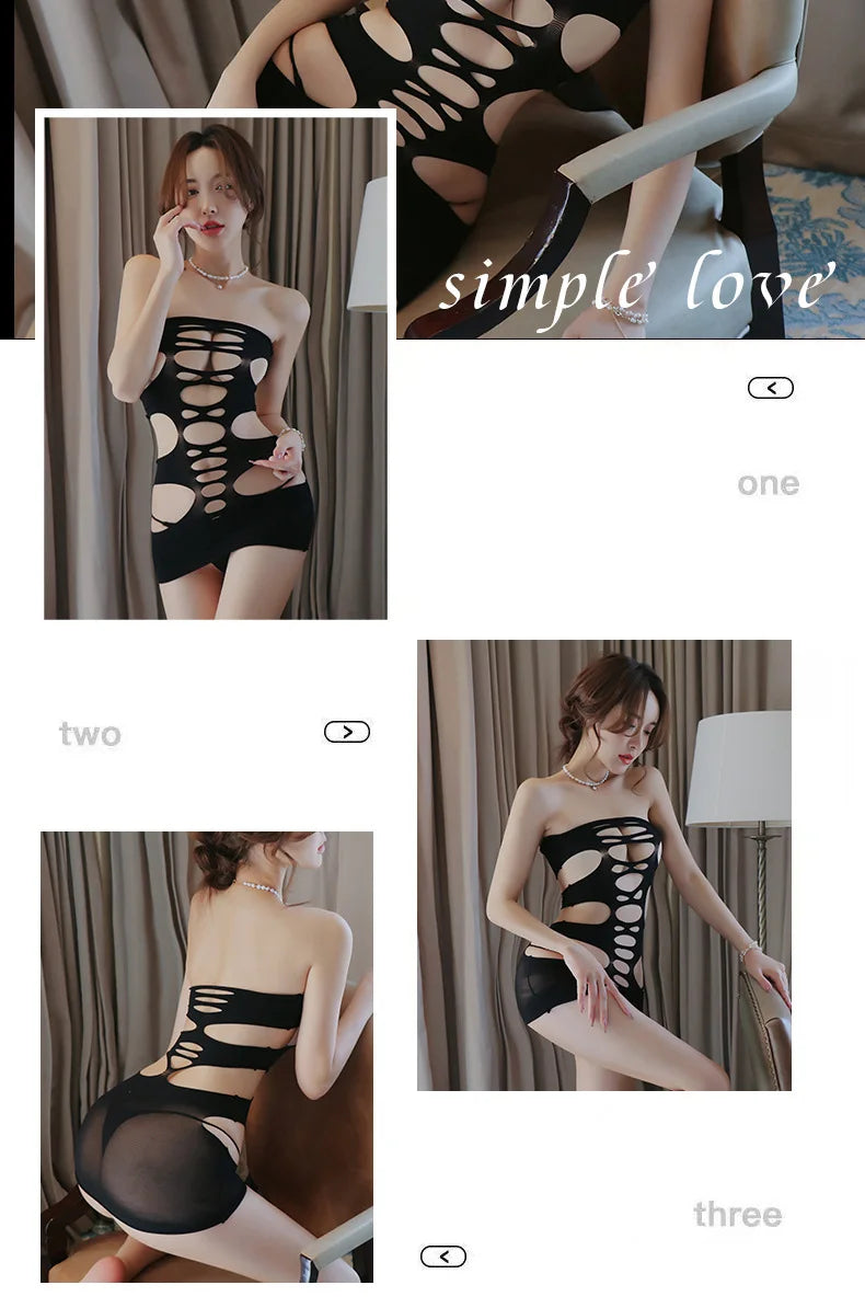 lingerie Hollow striped thin mesh perspective women underwear Held sexy open crotch xxx Sexy costume - Seprincess